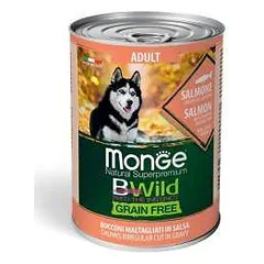 MONGE BWILD konservuotas pašaras su lašiša suaugusiems šunims, 400g parduotuvėje petreon.lt