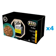 SHEBA Selection Paukštienos skonio padėklai 32x85 g drėgno visaverčio ėdalo suaugusioms katėms su vištienos ir kalakutienos gabaliukais, vištiena, paukštiena, kalakutiena