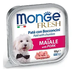 Monge Fresh paštetas ir gabaliukai su kiauliena, drėgnas maistas šunims 100 g parduotuvėje petbaze.lt