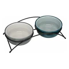 Trixie Bowl Set keraminis/metalinis paaukštintas dubenėlių komplektas šunims ir katėms su stovu, 2 x 1.6 l, ø 20 cm, 41x20x10 cm, alyvuotos alyvos/pilkos spalvos