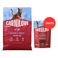 CARNILOVE Active Cat Salmon and Turkey Adult 2 kg lašiša ir kalakutiena visoms katėms + CARNILOVE Crunchy Snack Cat Salmon 50 g NEMOKAMAI