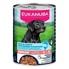 Eukanuba Dog Can Senior su upėtakiu ir batatais, drėgnas maistas šunims 400 g