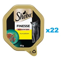 SHEBA Finesse 22 x 85 g dėžutė – visavertis šlapias pašaras su vištiena putėsiuose suaugusioms katėms