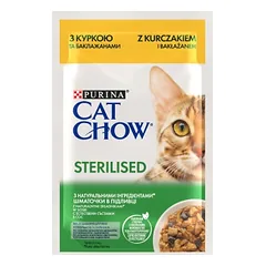 CAT CHOW Sterilizuotas vištienos ir baklažanų pašaras su padažu 85g