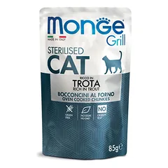 Monge Grill Sterilised konservuotas pašaras sterilizuotoms katėms su upėtakiu 85g