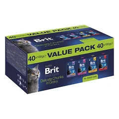 BRIT Premium by Nature Cat Adult Chunks in Gravy Value Pack 40x100 g kačių mėsos ir žuvies gabaliukai padaže