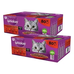 WHISKAS Adult maišeliai 160 x 85 g – Klasikiniai patiekalai Visavertis drėgnas pašaras suaugusiems katėms padaže: gabaliukai su jautiena, vištiena, ėriena ir paukštiena.