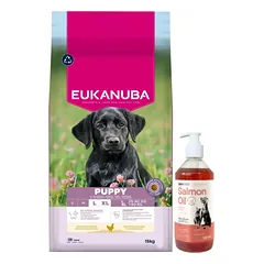 EUKANUBA Šuniukams ir jaunikliams didelių veislių 15 kg + LAB V Lašišų aliejus šunims ir katėms 500ml