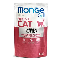 Monge Grill Multipack Sterilised pakeliai, veršiena, gaidžiena, upėtakis, drėgnas maistas katėms 12 x 85 g — 4 nuotrauka