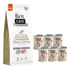 BRIT CARE Dog Hypoallergenic Dog Show Champion Lašiša ir silkė 12kg + Wild Farm Pate Lamb 6x400g ėrienos ėdalas šunims be glitimo