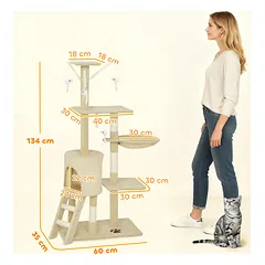 Kačių draskyklė su nameliu ir 4 žaislais, 134 cm — 3 nuotrauka