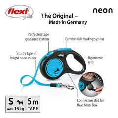 Flexi New Neon Tape juostinis, mėlynas pavadėlis šunims, S, 5 m — 2 nuotrauka