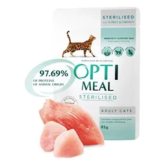 OPTIMEAL sterilised with TURKEY and CHICKEN FILLET in sauce konservai sterilizuotoms katėms su kalakutiena, 85g