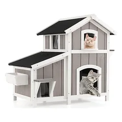 GIANTEX 2-stöckiges Katzenhaus mit Dach und 2-stufiger Plattform