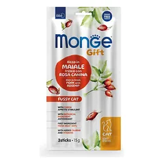 Monge Gift Cat Soft Sticks Fussy Cat Pork With Rosehip & Cheese minkštos lazdelės suaugusioms katėms, su kiauliena ir erškėtuogėmis bei sūriu, 15 g