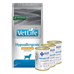 FARMINA Vet Life Hypoallergenic Fish & Potato 12kg + ENZO VET Hipoalerginė dieta su triušiena šunims 3x400g