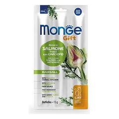 Monge Gift Soft Sticks Hairball Salmon With Artichoke minkšti skanėstai suaugusioms katėms, nuo plaukų kamuolių, su lašiša ir artišokais, 15 g
