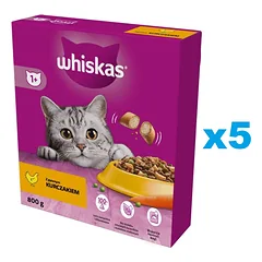 WHISKAS Adult 5x800 g sausas visavertis ėdalas su gardžia vištiena suaugusioms katėms