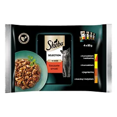 SHEBA paketėlis 4x85g "Selection in Sauce Juicy Flavours" - drėgnas kačių ėdalas padaže (su jautiena, su ėriena, su vištiena, su kalakutiena)