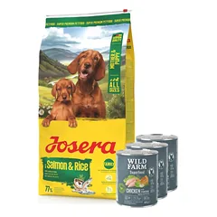 JOSERA Mother&Puppy 12,5kg + WILD FARM Superfood Chicken (Vištiena su moliūgais, obuoliais ir žolelėmis) 3x800 g pašaro šunims be grūdų