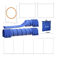 Agility trasos rinkinys šunims, lankas, 2 tuneliai, 2 barjerai, slalomas, 321 x 63 x 93 cm, baltas, oranžinis ir mėlynas