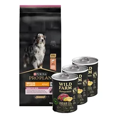 Purina Pro Plan Medium & Large 7+ Sensitive Optiderma, lašiša ir ryžiai 14kg + Wild Farm Monoprotein Wild Boar 3x400g hipoalerginis šunų ėdalas