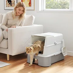 Uždaras kačių tualetas XL iš nerūdijančio plieno, 68 l, su ištraukiamu padėklu, iki 8 kg, 60x40x45 cm, pilkas — 2 nuotrauka