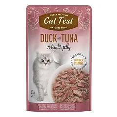 CatFest Duck With Tuna In Jelly visavertis maistas suaugusiems katėms, ančių filė su tunu švelniuose drebučiuose, 70 g