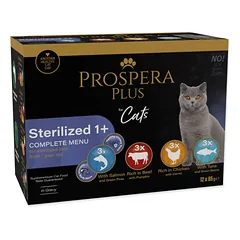 Prospera Plus Cat Pouch Sterilized 1+ Mix drėgnas maistas sterilizuotoms katėms su lašiša, jautiena, vištiena ir tunu, 12x 85 g