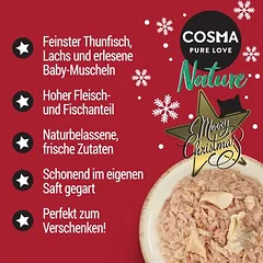 Cosma Nature kalėdinė edicija, tunas su lašiša ir jauniklėmis midijomis, drėgnas maistas katėms — 3 nuotrauka