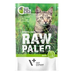 RAW Paleo Sterilised Game drėgnas maistas suaugusiems sterilizuotoms katėms su medžiojamąja mėsa, 100 g