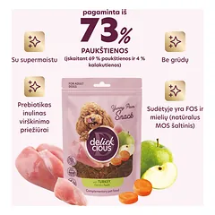 DELICKCIOUS ore džiovinti skanėstai su kalakutiena, morkomis ir obuoliais suaugusiems šunims, 80 g — 2 nuotrauka