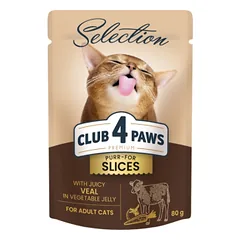 CLUB 4 PAWS Premium Plus Visavertis konservuotas ėdalas suaugusioms katėms su veršiena daržovių drebučiuose, 80 g