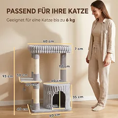 Draskyklė 93 cm, 3 lygių, su nameliu, didele skalbiama gulimąja vieta ir 4 sizalio stulpais, katei iki 6 kg, pilka — 3 nuotrauka