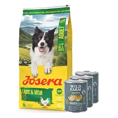 JOSERA Adult Light & Vital 12,5kg + WILD FARM Superfood Chicken (Vištiena su moliūgais, obuoliais ir žolelėmis) 3x800 g pašaro šunims be grūdų