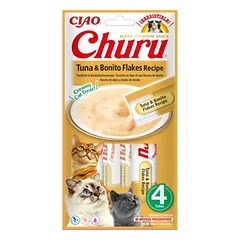 INABA Churu Tuna with bonito flakes 4x14g su tunu ir bonito dribsniais katėms