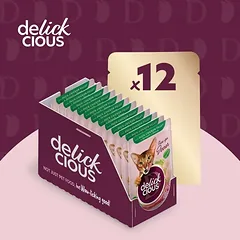 Delickcious™ gabaliukai padaže katėms – antiena, vištienos filė ir špinatai (konservai)