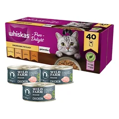 WHISKAS Adult Patiekalas 40x85g Paukštienos skoniai - drėgnas kačių maistas želė (vištiena, antis, paukštiena, kalakutiena) paketėlyje + WILD FARM Mousse Chicken 3x85g