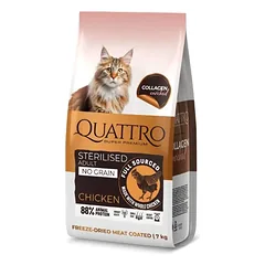 QUATTRO visavertis sausas pašaras suaugusioms sterilizuotoms katėms su vištiena (nuo 1 metų amžiaus, begrūdis)