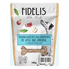 FIDELIS treniruočių kauliukai su triušiena, obuoliais ir lapiniais kopūstais, skanėstai šunims (100 g)