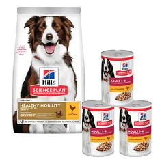 HILL'S Science Plan Canine Adult Healthy Mobility Medium Chicken 14 kg vidutinių veislių šunų maistas su vištiena sąnariams + 3 skardinės NEMOKAMAI