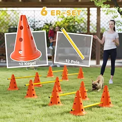 Agility rinkinys šunims, 6 barjerai su 12 kūgių ir nešiojimo krepšiu, reguliuojamo aukščio, oranžinis ir geltonas — 4 nuotrauka