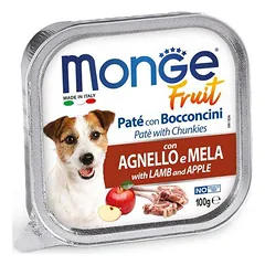 Monge Fruit Jautienos ir obuolių konservai suaugusiems šunims, paštetas su gabaliukais, 100 g