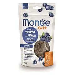 Monge Gift Cat Meat Minis Kitten Trout With Blueberries skanėstas kačiukams su upėtakiu ir mėlynėmis, 50 g
