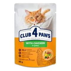 CLUB 4 PAWS Premium Visavertis konservuotas ėdalas suaugusioms katėms nuo 7 metų su vištiena padaže, 85 g