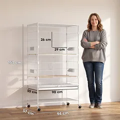 Paukščių narvas su ratukais ir ištraukiamu dugno padėklu, baltas, 94 x 57 x 153 cm — 3 nuotrauka
