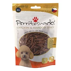 Perrito chicken and seafood jerky skanėstai šunims ir katėms vištienos ir žuvies gabaliukai 100g nuotrauka