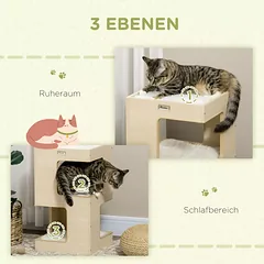 Katės statinė-urvas, 3 lygių, su pelės žaislu, 34 x 34 x 60 cm, ąžuolo spalvos — 4 nuotrauka