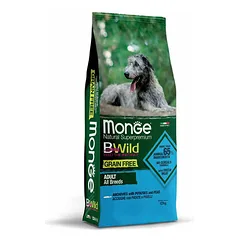 Monge BWild Grain Free All Breeds Adult su ančiuviais, bulvėmis ir žirneliais, sausas maistas šunims 12 kg