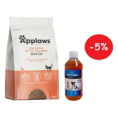 Applaws Adult Chicken with Extra Salmon sausas kačių maistas 7,5 kg  + LAB V Lašišų aliejus šunims ir katėms 500ml
